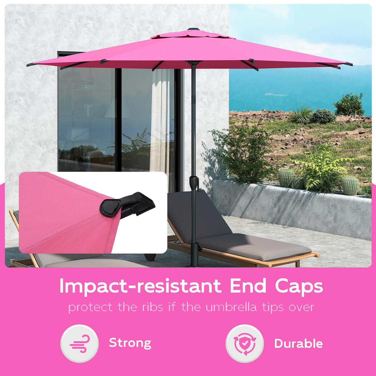 9FT Lyon Outdoor Patio Umbrella Outdoor Table Umbrella with Crank Market Umbrella 8 Sturdy Ribs UV Protection Waterproof and Push Button Tilt for Garden Deck Backyard Pool (9 FT(8 Ribs) / Pink)