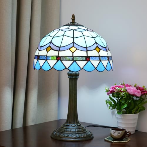 Tiffany Table Lamp Stained Glass Lamp Mediterranean Blue Bedroom Table lamp Reading Desk Light for Bedside Living Room Office Dormitory Dining Room Decorate Housewarming Gift 12X12X18 inches (Blue Mediterranean Style)