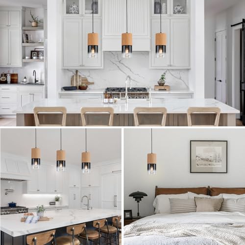 3 Pack Modern Pendant Lights for Kitchen Island (Wood Grain & Black—Cord / 3 Pack)