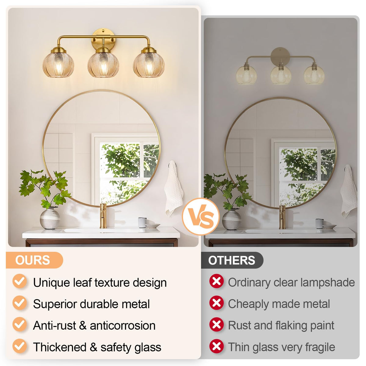 Bathroom Light Fixtures (Amber Glass-Brushed Gold / 3-Light)