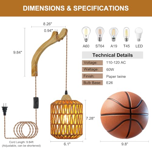 Frideko Rattan Wall Lamp with Plug in Cord Hand Woven Plug in Wall Sconces Paper Rope Wall Light Farmhouse Wall Sconce Wall Mounted Light Boho Wall Sconces Wall Lighting for Bedroom Living Room (Brown(1PC))