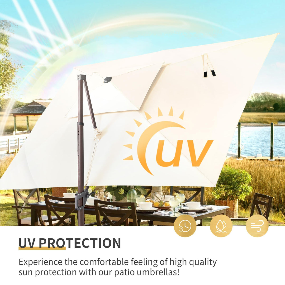 10x13 FT Cantilever Offset Patio Umbrella with Lights & Base (Beige)