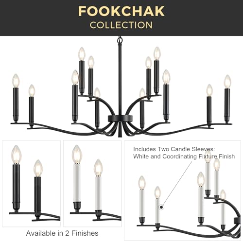 Black Living Room Chandelier 12 Light High Ceiling Foyer Candle Chandelier Large Dining Room Light Fixture Over Table 44in Metal Modern Chandeliers Hanging Light for Entry Master Bedroom (Black / 44 inch)