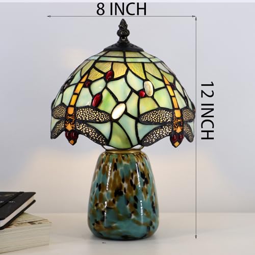 Tiffany Mushroom Table Lamp Dragonfly Style Blue Stained Glass Accent Lamp Brown Blue Glass Base 8X8X12 Inch (Blue Stained Glass)