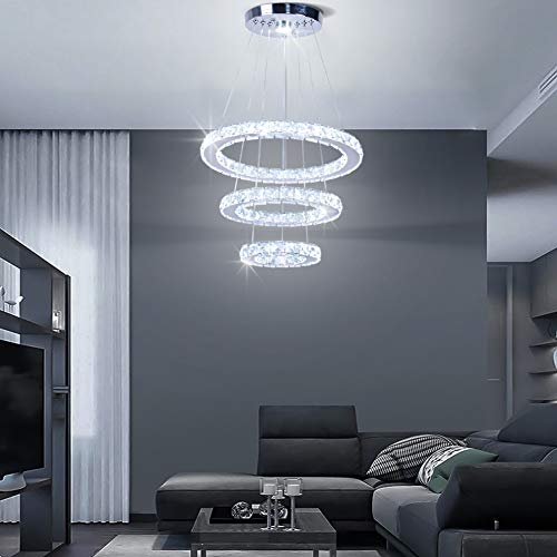 Modern LED Crystal Chandeliers 3 Rings Pendant Light Adjustable Height Ceiling Lamp for Dinning Room Bedroom Living Room