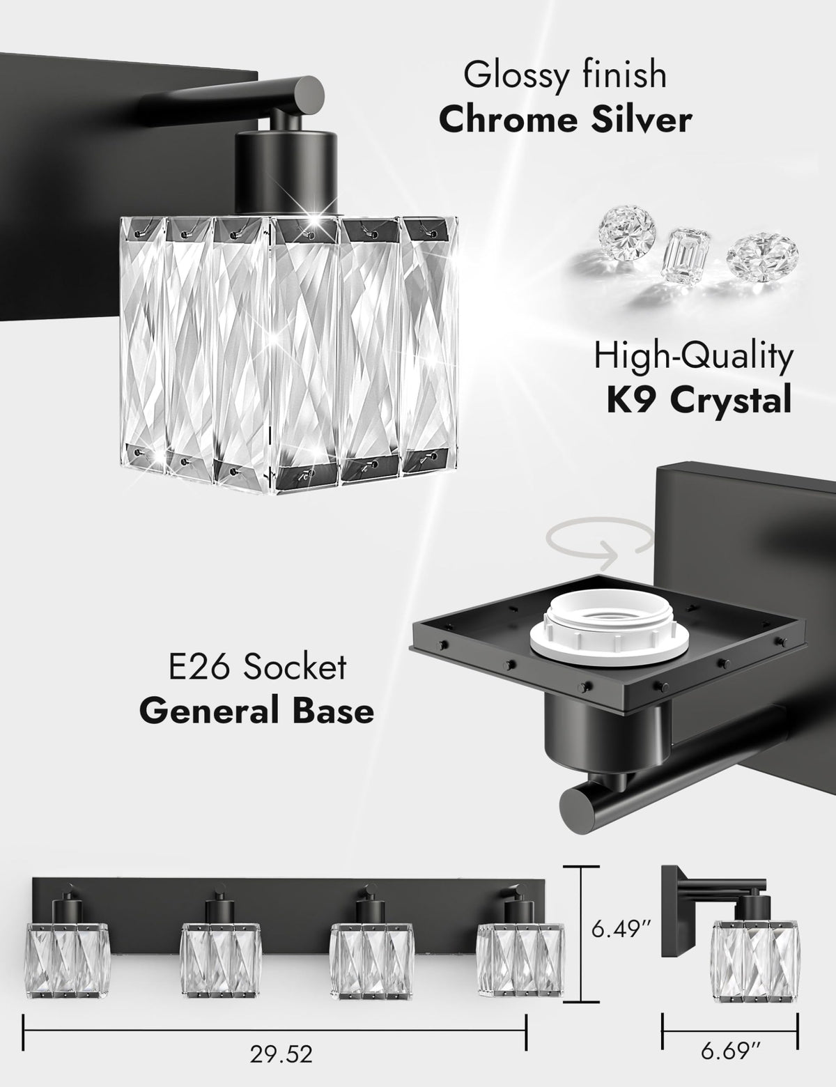 4 Light Crystal Bathroom Vanity Light Square (Matte Black-Square / 4 Light)