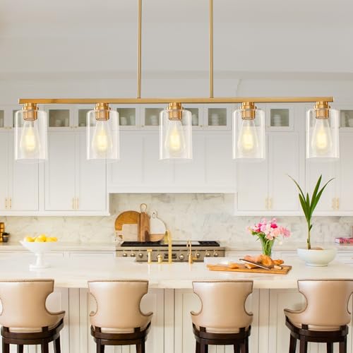 Island Light for Kitchen (Brushed Gold / 5 Light + Clear Glass)