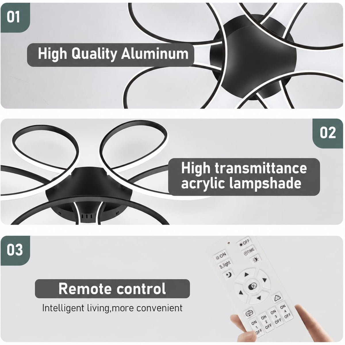 37.4inch Modern LED Ceiling Light (Black / 6RINGS,37.4inch)