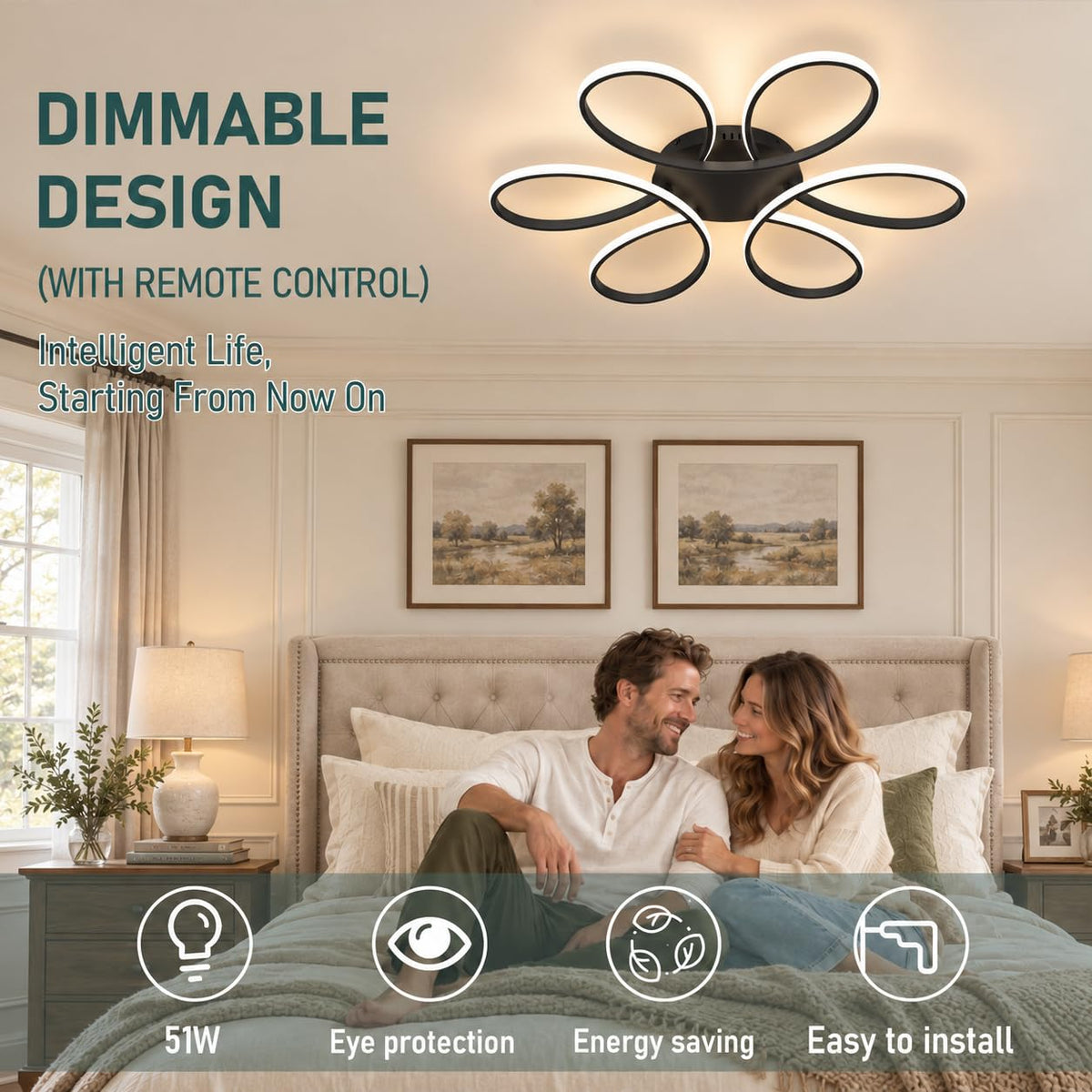 37.4inch Modern LED Ceiling Light (Black / 6RINGS,37.4inch)