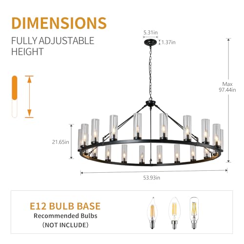 20 Light Large Wagon Wheel Chandelier with Clear Glass Shade Black Round Pendant Light Farmhouse Industrial Chandeliers Dining Room Light Fixture for Stair Living Room Foyer Kitchen (Black / 1 Tier-20 Lights)