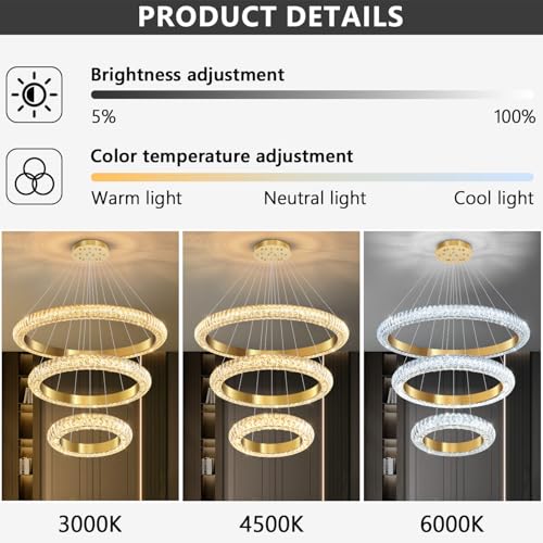 31.5" 3 Ring Crystal Chandelier Modern LED Dimmable Ring Pendant Light Round Chandelier for Dining Room Living Room Gold (Gold / 3 Ring Round 32")