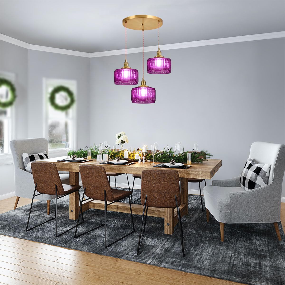 3 Light Glass Globe Chandelier Kitchen Island Mid Century Modern Ceiling Pendant Light Purple Striped Shade Gold Hanging Lights Fixture Multi Light Cluster Chandeliers Dining Room (Purple-Hardwired-3-Light-Cluster)
