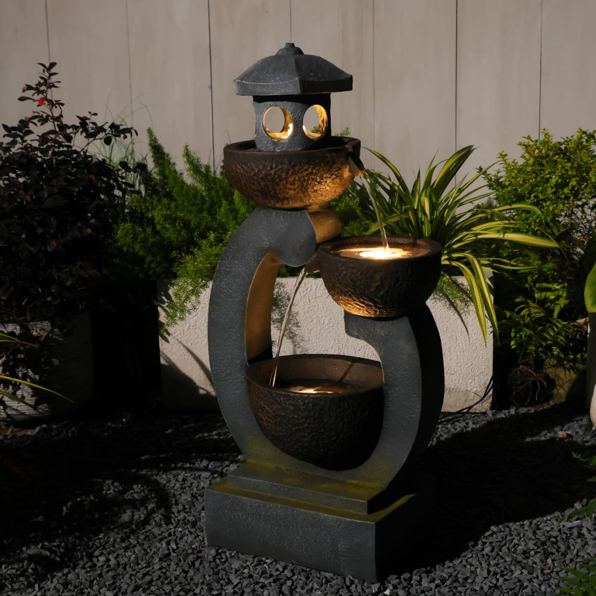 36" Zen Pagoda Waterfall Fountain with LED Light (35.5"h-gray)