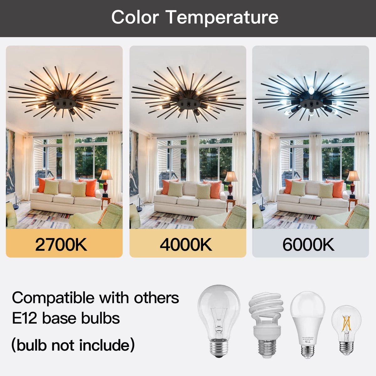 Semi Flush Mount 8 Light Ceiling Light Modern Metal Ceiling Lighting Black Light Fixture for Farmhouse Kitchen Dining Room Bedroom Hallway Living Room (Black)