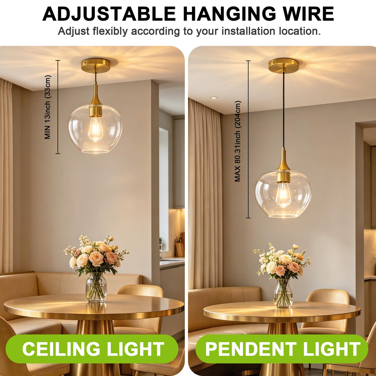 9.45in Gold Pendant Lights Kitchen Island with Clear Glass Shade 1Pack (Gold-Clear Glass)