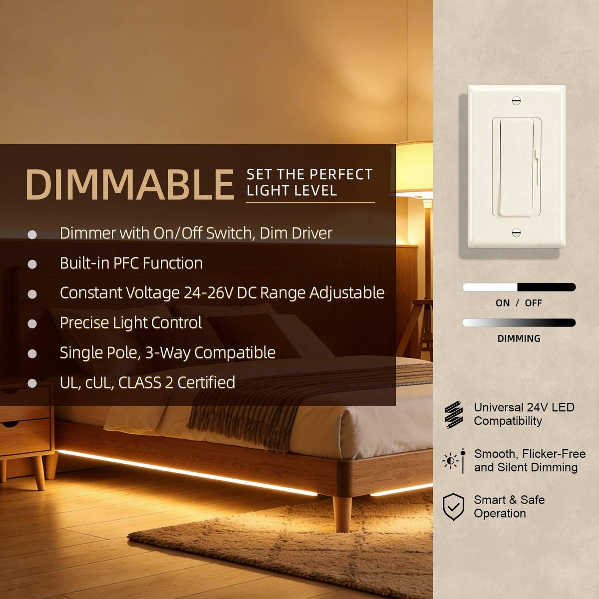 Dimmer Light Switch & 24V 60W Dimmable LED Driver 2 in 1 (Light Almond / 24V 60W)