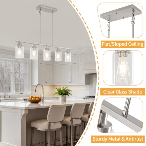 37'' Linear Chandelier for Dining Room Modern Kitchen Island Lighting (5-Light Clear Nickel)