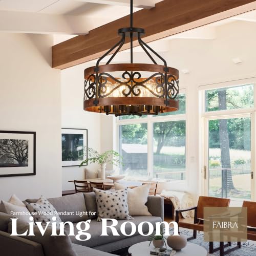2-in-1 6-Light Farmhouse Drum Pendant Light, 20'' Rustic Ceiling Light with Brown Wood Texture, Adjustable Hanging Height, Industrial Black Metal Chandelier for Dining Room, Kitchen Island, Entryway (20in-6 Light (2 in 1))