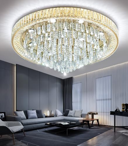 Modern Crystal Large Chandeliers LED Dimmable Flush Mount Ceiling Chandeliers for Living Room High Ceiling Entrance Foyer Bedroom (Gold / 39.3" Width)
