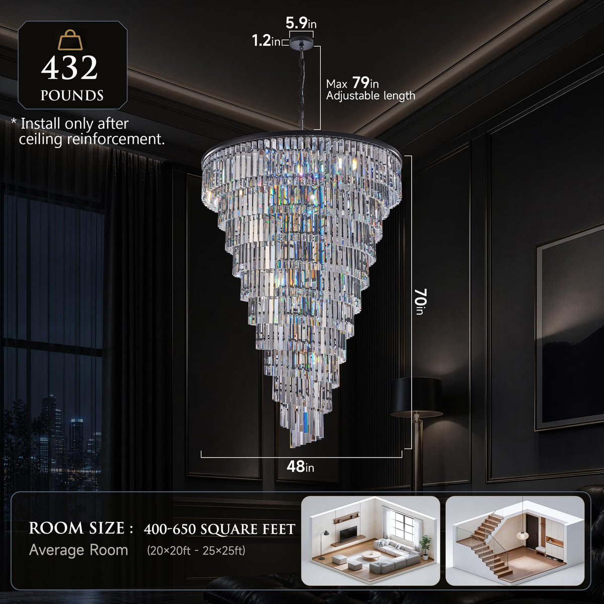 48 Lights Spiral Crystal Chandelier Black Modern Light Fixture Large Chandelier (48''( Black))