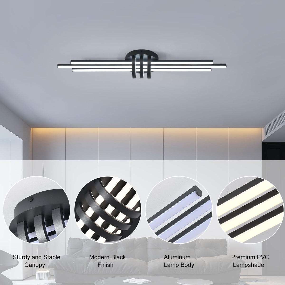 39In Modern Dimmable Linear LED Ceiling Light with Remote (Black)