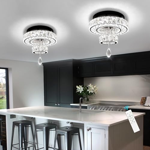 Modern Flush Ceiling Chandelier Bedroom Light Fixtures Crystal Flat Sloping Ceiling Lights for Hallway Kitchen Dining Room Dimmable Light with Remote Black (12 inch / Black)