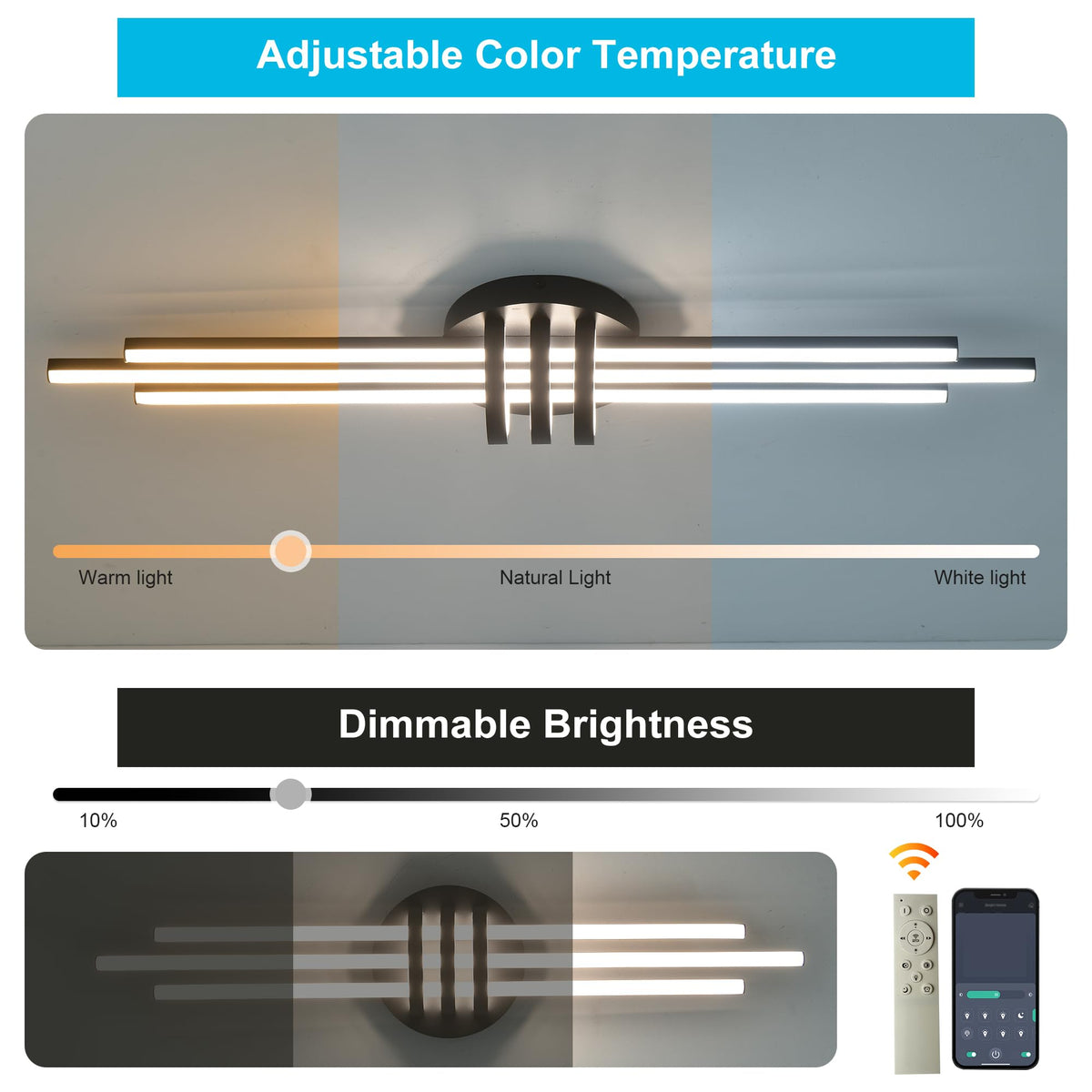 39In Modern Dimmable Linear LED Ceiling Light with Remote (Black)