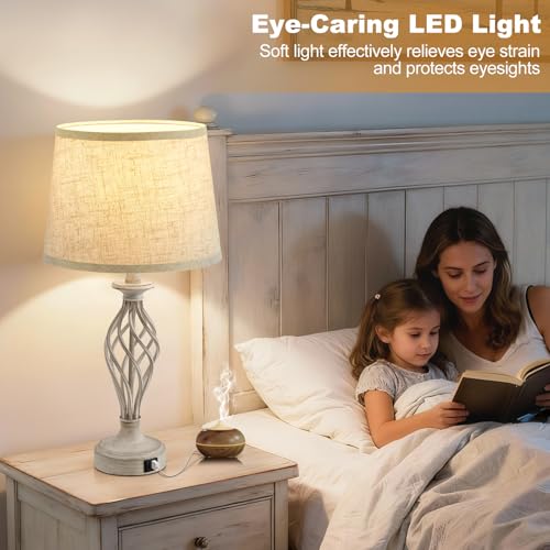 Table Lamp for Bedroom Set of 2 with USB C+A Ports (Light Grey Base + Beige Shade)