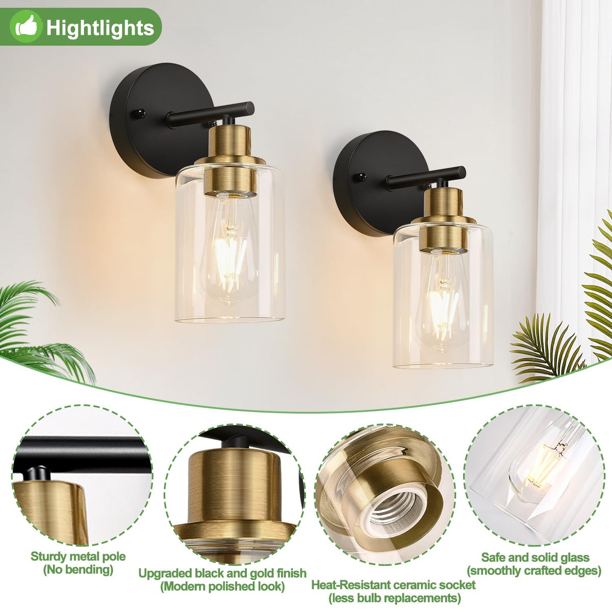 Set of 2 Wall Sconces for Bathroom (Black and Gold / 1-light)
