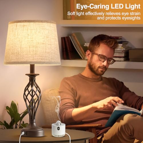 Table Lamp for Bedroom Set of 2 with USB C+A Ports (Brown Base + Beige Lampshade)