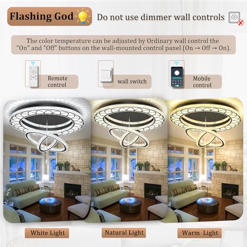 Large 48in Crystal Ring Chandelier Modern Black Crystal Chandeliers LED Dimmable Flush Mount Chandelier Crystal Ceiling Light for Living Room Bedroom Foyer (Black / W:48inches)
