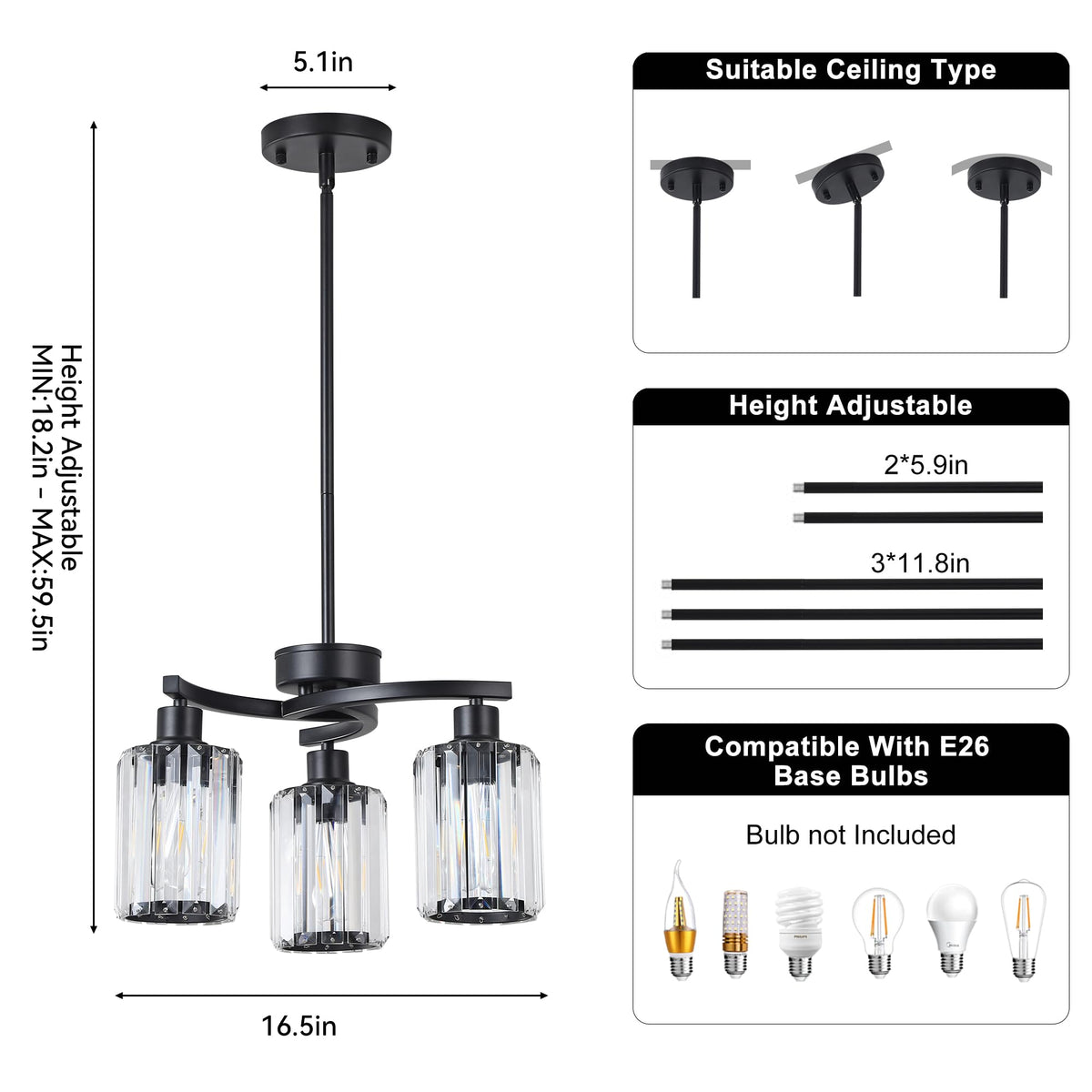 3 Light Black Crystal Chandelier (Black&Crystal / 3-Light)