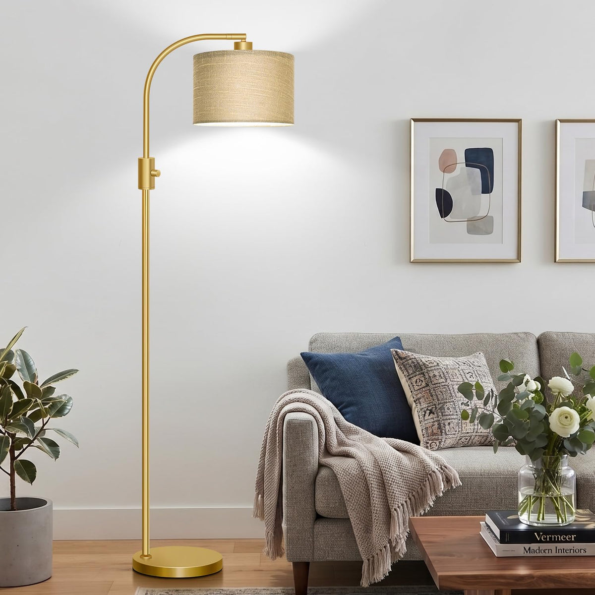 Dimmable Gold Floor Lamp (Gold-Champagne Linen Shade)