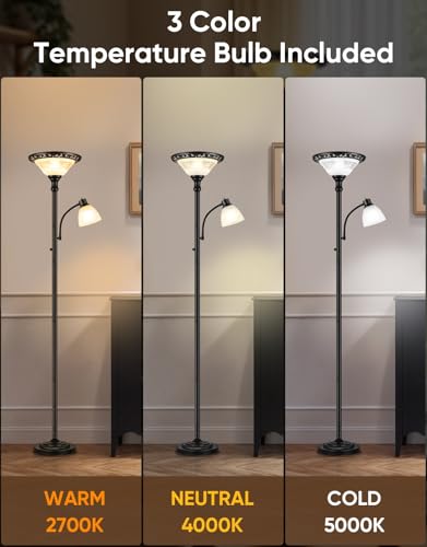 Torchiere Floor Lamp for Living Room with Reading Light (Black)