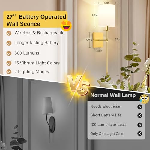 27 Inch Wall Sconces Battery Operated Set of 2 (27 inch / Gold and White)