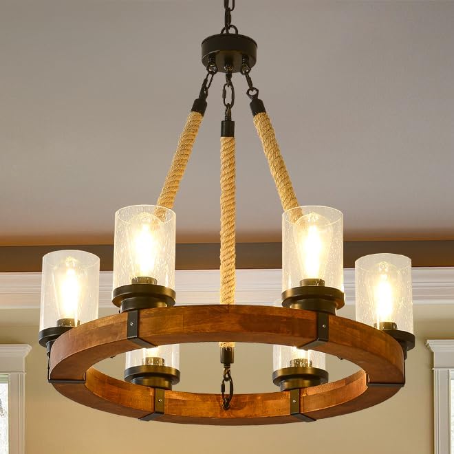 6 Light Round Wagon Wheel Chandelier Farmhouse Rustic Pendant Light Fixture with Seeded Glass Shades