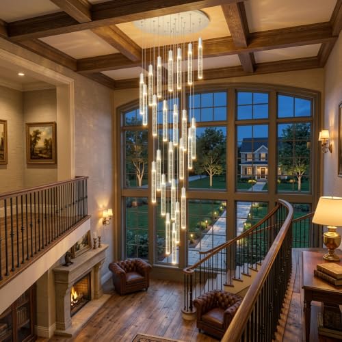 W24 x H157 Glam Chandelier Bubble Crystal Ceiling Chandeliers Remote Dimmable LED Light High Ceiling Pendants Light Fixtures Adjustable Long Lights 24 (24 lights / Silver)
