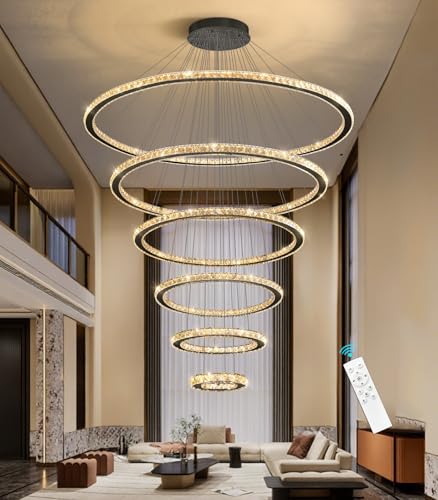 Modern Crystal Chandelier 6 Rings High Ceiling Chandeliers Dimmable LED Lighting Fixtures with Remote for Living Room Dining Room Foyer Black (Black / 6-Ring 47")
