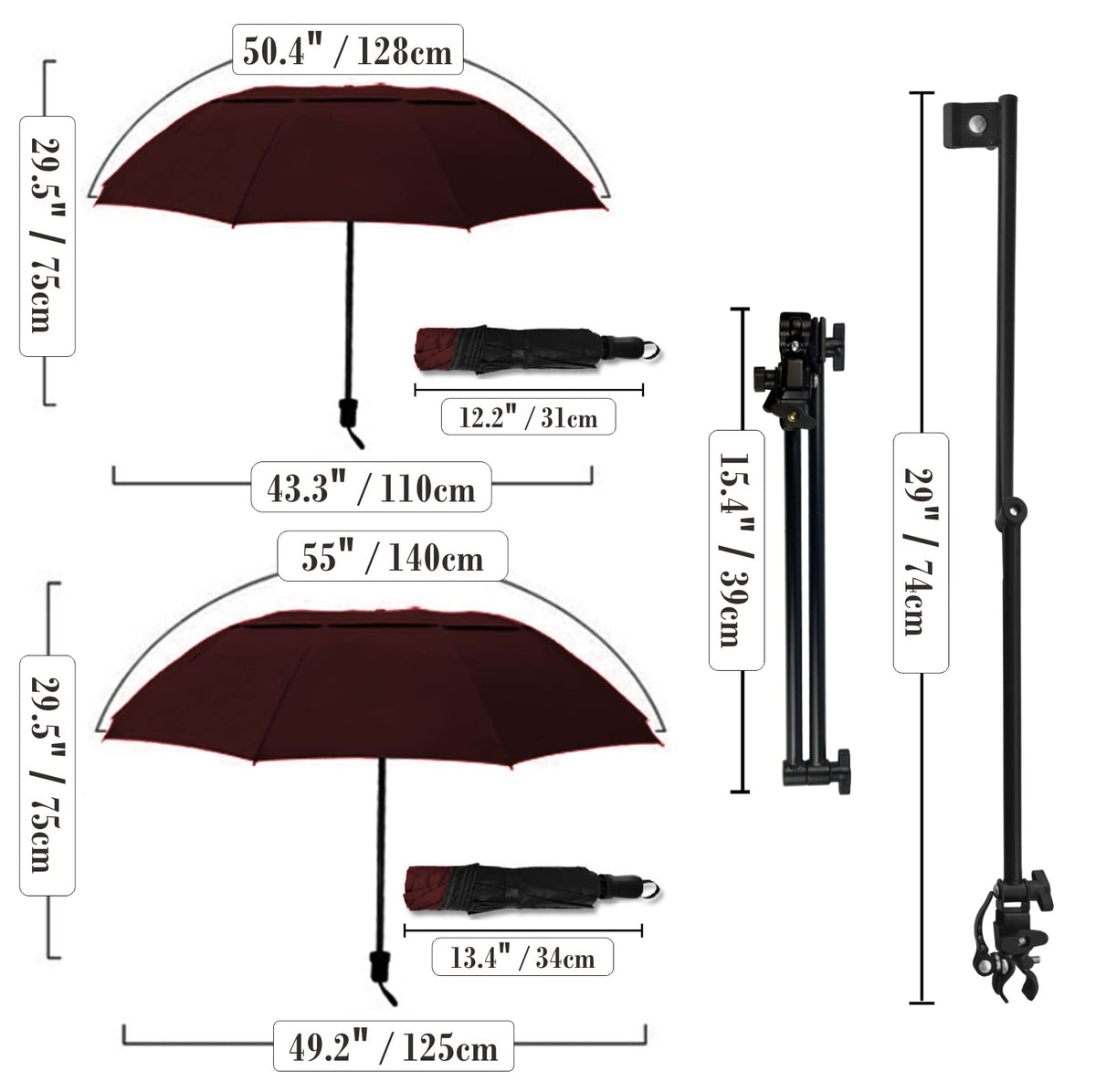 UPF 50+ Golf Umbrella with Adjustable Universal Clamp (Wine / 53.2")
