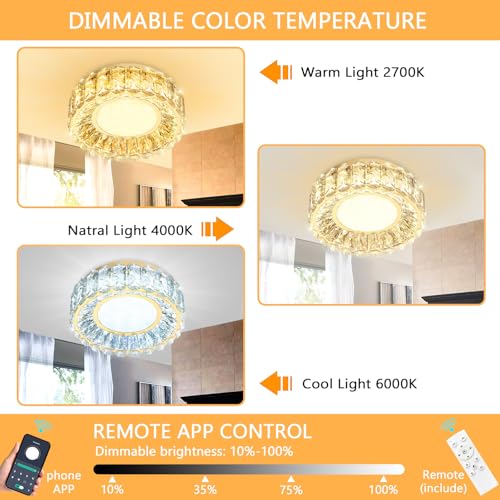 12 Inch Dimmable Crystal Chandelier Modern LED Flush Mount Ceiling Light Fixtures for Bedroom Hallway Staircase Gold (12" Gold)