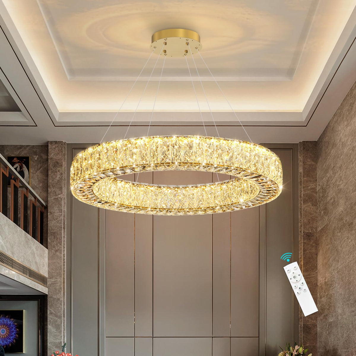 32 Inch Chandelier Glam Dimmable LED Crystal Chandeliers Luxury Round Pendant Lighting Fixtures for Dining Room Bedrooms Gold (Gold / Ring 32")