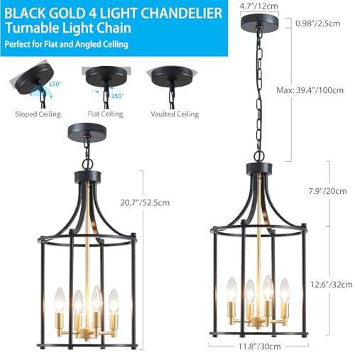 11.8" Lantern Pendant Light Modern Geometric Hanging Chandelier Black and Gold 4 Lights Adjustable Height Cage Pendant Lighting Fixture for Kitchen Entryway Hallway Foyer (Black Gold)