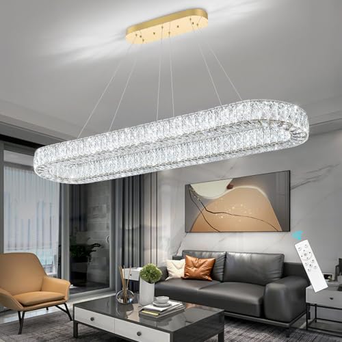 Modern Oval Crystal Chandelier for Dining Room Rectangular Ceiling Light Fixture Dimmable LED Chandeleirs for Living Room Kitchen Island Gold (Gold / Oval 59" x 12")