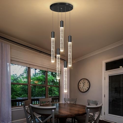 5 Lights Chandelier Modern Crystal Glam Light Remote Dimmable Pendant Lighting for Kitchen Island Dining Room Matte Black Light (5 lights / Black)