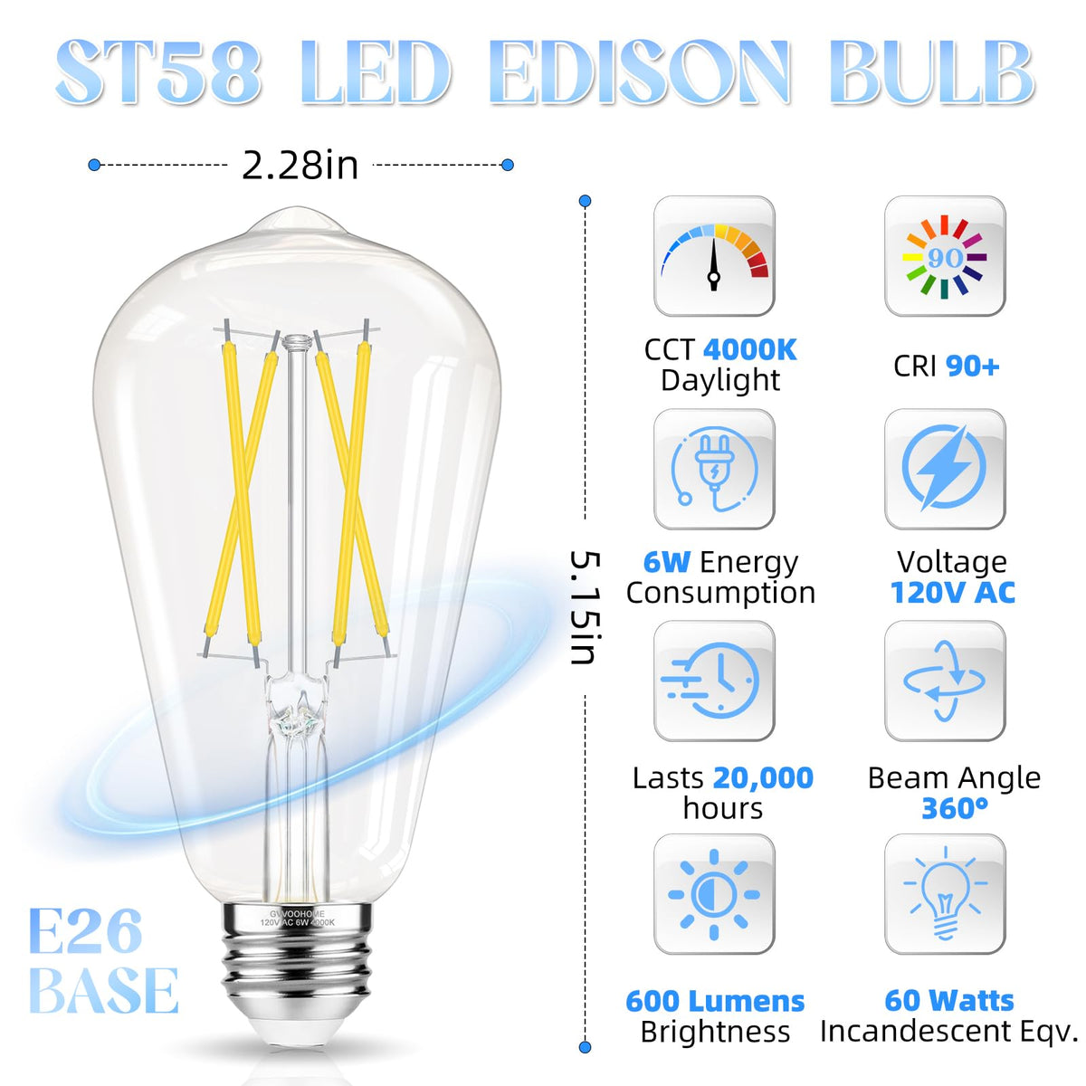 Edison Bulbs E26 LED Bulb 60 watt Non (6 Pack / Daylight White)