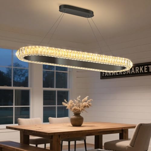 40'' Oval Ring Crystal Chandelier Modern LED Dimmable Ring Pendant Light Chandelier for Dining Room Living Room Black (Black / 1 Ring Oval 40")
