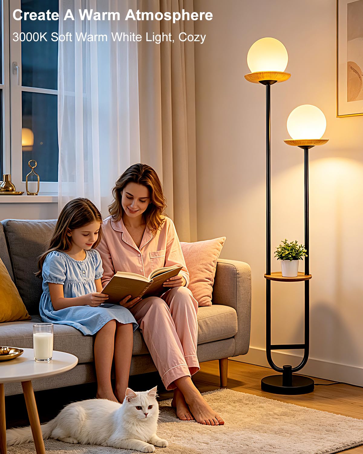 2 Globe Floor Lamp with Amber Glass Tray Black Dimmable Tall Lamp (Brown-2U Black)