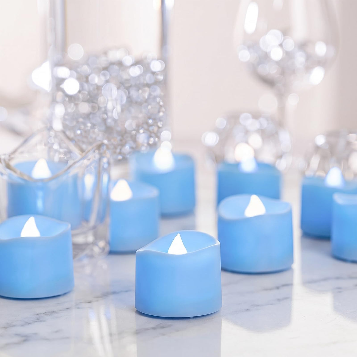 Light Blue Flameless Battery Tea Light Candles - 24 Pack