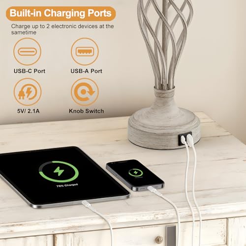 Table Lamp for Bedroom Set of 2 with USB C+A Ports (Light Grey Base + Beige Shade)