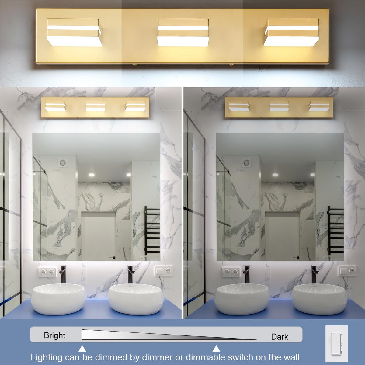 LED Modern Bathroom Vanity Light Fixtures (3-Light, 24-Inch / Gold, 100%-0% White)
